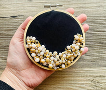 Load image into Gallery viewer, Black Beaded Hoop, Champagne Gold Embroidered Circle, Gallery Wall 3D Art Gray Decor, beaded wall hanging canvas, Bead Ring quilted ring