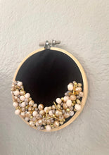 Load image into Gallery viewer, Black Beaded Hoop, Champagne Gold Embroidered Circle, Gallery Wall 3D Art Gray Decor, beaded wall hanging canvas, Bead Ring quilted ring