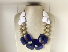 Load image into Gallery viewer, Nautical Chunky Statement Necklace, Big beaded jewelry, Double Strand Statement Necklace, navy blue an white, gold navy necklace, white gold