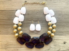 Load image into Gallery viewer, Nautical Chunky Statement Necklace, Big beaded jewelry, Double Strand Statement Necklace, navy blue an white, gold navy necklace, white gold