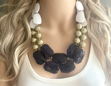 Load image into Gallery viewer, Nautical Chunky Statement Necklace, Big beaded jewelry, Double Strand Statement Necklace, navy blue an white, gold navy necklace, white gold