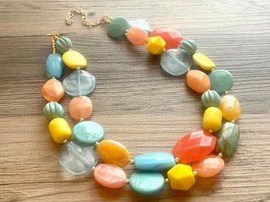 Mango Sherbet Chunky Statement Necklace, Big beaded jewelry, Double Strand Statement Necklace, Bib turquoise blue orange yellow beads