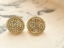 Load image into Gallery viewer, Aurora Borealis Round Cluster Rhinestone Earrings, Circle metallic Jewelry, Statement pierced stud Jewelry 18mm fancy sunburst pair