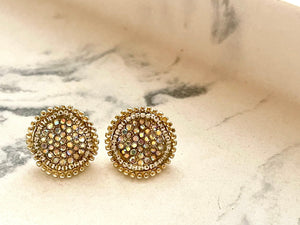 Aurora Borealis Round Cluster Rhinestone Earrings, Circle metallic Jewelry, Statement pierced stud Jewelry 18mm fancy sunburst pair