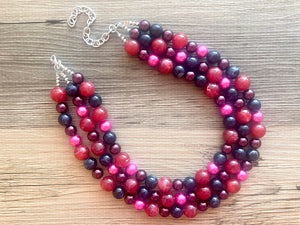 Mixed Berry Triple Strand statement necklace, pretty big beaded chunky jewelry, purple blue red pink jewelry, Pearl bubble necklace