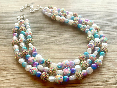 Unicorn Rainbow Ombré Chunky Statement Necklace, multi Strand Beaded Jewelry, rainbow colorful jewelry, 5 strand chunky bib earrings