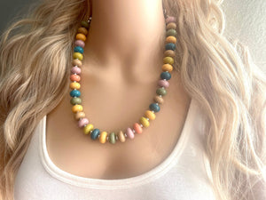 Candy Pastel Statement Necklace, rainbow round beaded jewelry, single strand bead silver green purple blue tan