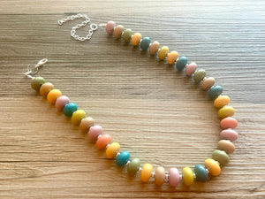 Candy Pastel Statement Necklace, rainbow round beaded jewelry, single strand bead silver green purple blue tan