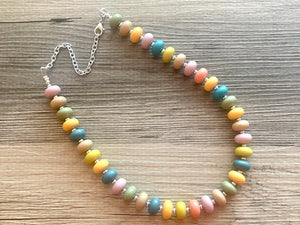 Candy Pastel Statement Necklace, rainbow round beaded jewelry, single strand bead silver green purple blue tan