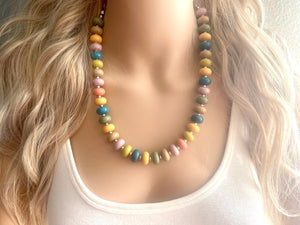 Candy Pastel Statement Necklace, rainbow round beaded jewelry, single strand bead silver green purple blue tan