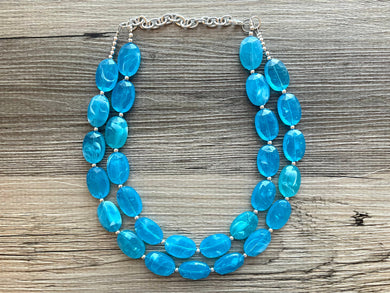Ocean Blue Necklace, double strand jewelry, big beaded chunky statement necklace, aqua teal blue necklace, bridesmaid necklace