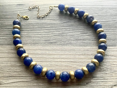 Dark Blue & Gold Necklace, Royal blue ball bead and wood necklace, single strand bib necklace, navy blue statement jewelry