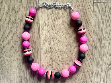 Black & Pink Chunky Statement Necklace single Strand Beaded jewelry, bridesmaid bib wedding ball bead, bubblegum necklace striped