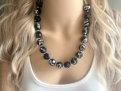 Black & White Chunky Statement Necklace single Strand Beaded jewelry, bridesmaid bib wedding glitter, white bubble necklace bleached