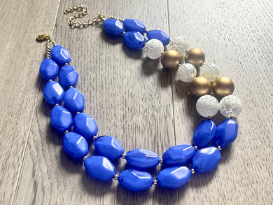 Nautical Chunky Statement Necklace, Big beaded jewelry, Double Strand Statement Necklace, Royal blue white, gold navy necklace, white gold