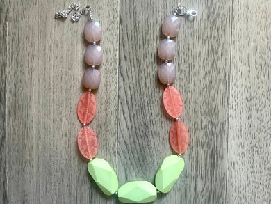 Tan Coral Lime Green Chunky Statement Necklace single Strand Beaded jewelry, bridesmaid bib wedding bead OOAK necklace