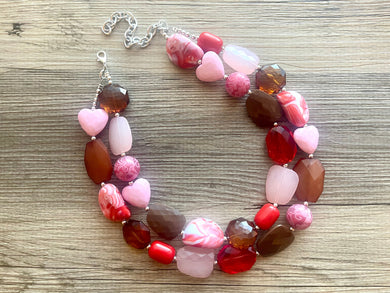 Chocolate Strawberries Necklace Pink Statement, chunky bib beaded jewelry, Valentine brown blush light pink beaded acrylic jewelry blush hot