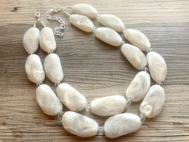 Big Beaded beige necklace, Cream Necklace, Double Strand Statement Jewelry, Off White extra Chunky Bib Bone Necklace eggshell