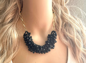 Black & Gold Statement Necklace Jewelry Set, Chunky Jewelry Big Beaded Crocheted Necklace, neutral black Jewelry Set knit