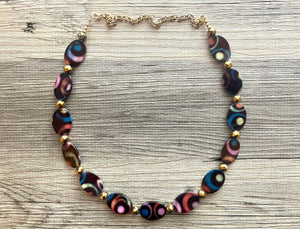 Butterfly Wings Statement Necklace, Long Oval Necklace, Shell Necklace, Long Beaded Necklace, Rainbow Gold Layering Necklace