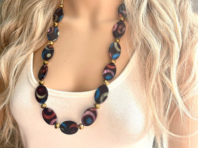 Butterfly Wings Statement Necklace, Long Oval Necklace, Shell Necklace, Long Beaded Necklace, Rainbow Gold Layering Necklace