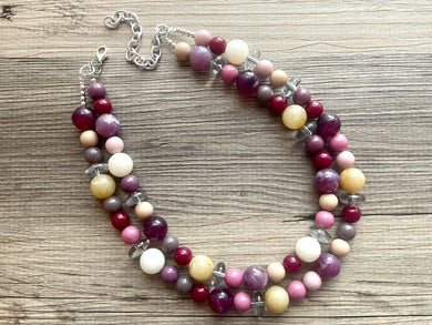 Ice Berry Double Strand statement necklace, pretty big beaded chunky jewelry, purple white champagne pink jewelry, 2 strand bubble necklace