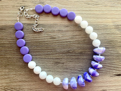 Purple & White Chunky Statement Necklace, single Strand Beaded Jewelry, purple jewelry bridesmaid wedding bib necklace