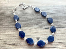 Load image into Gallery viewer, Silver &amp; Navy blue single strand chunky jewelry, single strand handmade beaded metallic statement necklace, teal blue bib necklace