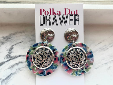 Floral silver statement earrings, Geometric bead Statement acrylic blue pink green drop jewelry necklace chunky drop hook earrings