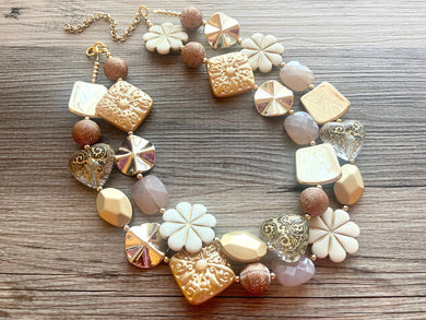 Gold Goddess chunky statement necklace, big beaded jewelry, gifts for women bib jewelry Multi-Strand Nugget metallic resin cream rosegold