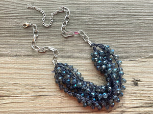 Blue Crystal Statement Necklace Jewelry Set, Chunky Jewelry Big Beaded Crocheted Necklace, silver Necklace, gray Jewelry Set