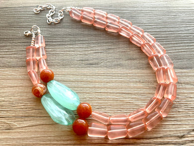 Coral & Mint Necklace, multi strand jewelry, big beaded chunky statement necklace, coral necklace, bib necklace, mint green necklace