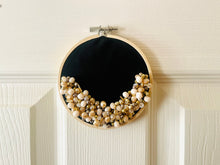 Load image into Gallery viewer, Black Beaded Hoop, Champagne Gold Embroidered Circle, Gallery Wall 3D Art Gray Decor, beaded wall hanging canvas, Bead Ring quilted ring