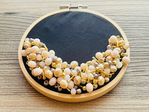 Black Beaded Hoop, Champagne Gold Embroidered Circle, Gallery Wall 3D Art Gray Decor, beaded wall hanging canvas, Bead Ring quilted ring