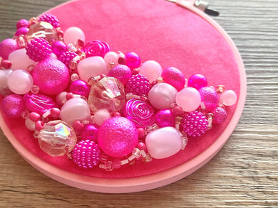 Pink Paradise Beaded Hoop Embroidered Circle, Gallery Wall 3D Art Colorful Decor, beaded wall hanging canvas, Bead rose baby nursery