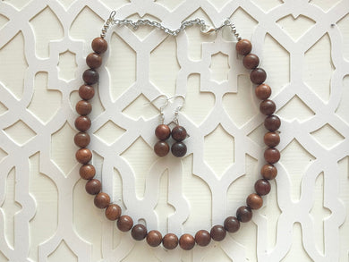 Single Strand Wood Beaded Necklace, brown Jewelry Chunky statement necklace, big beaded necklace jewelry, natural smooth wood earrings