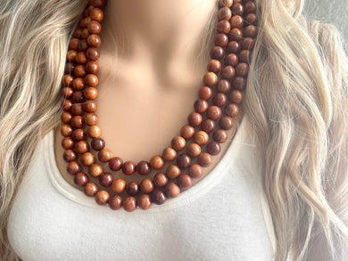 3 Strand Wood Beaded Necklace, brown Jewelry Chunky statement necklace, big beaded necklace jewelry, natural smooth wood earrings