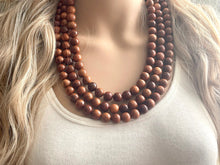 Load image into Gallery viewer, 3 Strand Wood Beaded Necklace, brown Jewelry Chunky statement necklace, big beaded necklace jewelry, natural smooth wood earrings