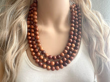 Load image into Gallery viewer, 3 Strand Wood Beaded Necklace, brown Jewelry Chunky statement necklace, big beaded necklace jewelry, natural smooth wood earrings