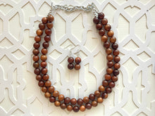 Load image into Gallery viewer, 2 Strand Wood Beaded Necklace, brown Jewelry Chunky statement necklace, big beaded necklace jewelry, natural smooth wood earrings