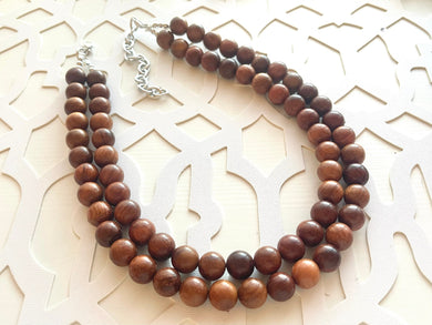 2 Strand Wood Beaded Necklace, brown Jewelry Chunky statement necklace, big beaded necklace jewelry, natural smooth wood earrings