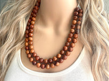 Load image into Gallery viewer, 2 Strand Wood Beaded Necklace, brown Jewelry Chunky statement necklace, big beaded necklace jewelry, natural smooth wood earrings