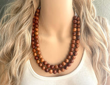 Load image into Gallery viewer, 2 Strand Wood Beaded Necklace, brown Jewelry Chunky statement necklace, big beaded necklace jewelry, natural smooth wood earrings