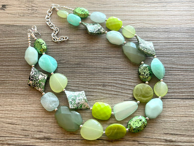 Patty Green Double Strand statement necklace, pretty big beaded chunky jewelry, silver metallic jewelry painted necklace mint