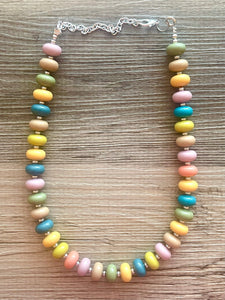 Candy Pastel Statement Necklace, rainbow round beaded jewelry, single strand bead silver green purple blue tan