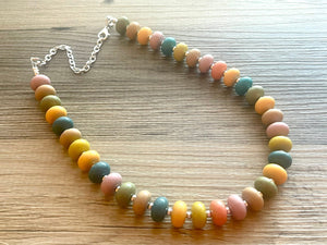 Candy Pastel Statement Necklace, rainbow round beaded jewelry, single strand bead silver green purple blue tan