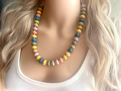 Candy Pastel Statement Necklace, rainbow round beaded jewelry, single strand bead silver green purple blue tan