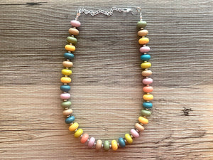 Candy Pastel Statement Necklace, rainbow round beaded jewelry, single strand bead silver green purple blue tan