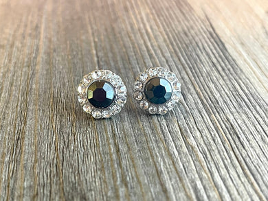 Black & Silver Stud earrings, round circle earrings, post back jewelry, flower earrings jewelry, hoops thin Crystal diamond