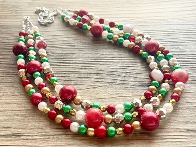 Christmas Necklace, Red Green Gold Silver Holiday Jewelry, Christmas Jewelry, Red Green Jewelry, Beaded Christmas Gift Christmas Present